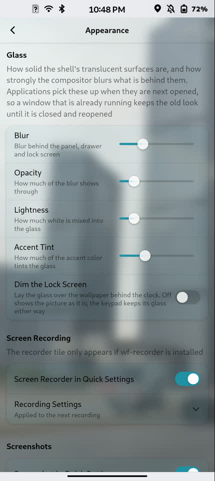 FuriOS Glass Theme appearance settings